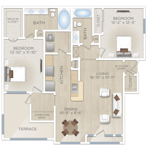 Apartments in Northwest Houston North A floor plan of a two bedroom apartment available for rent in Northwest Houston North.