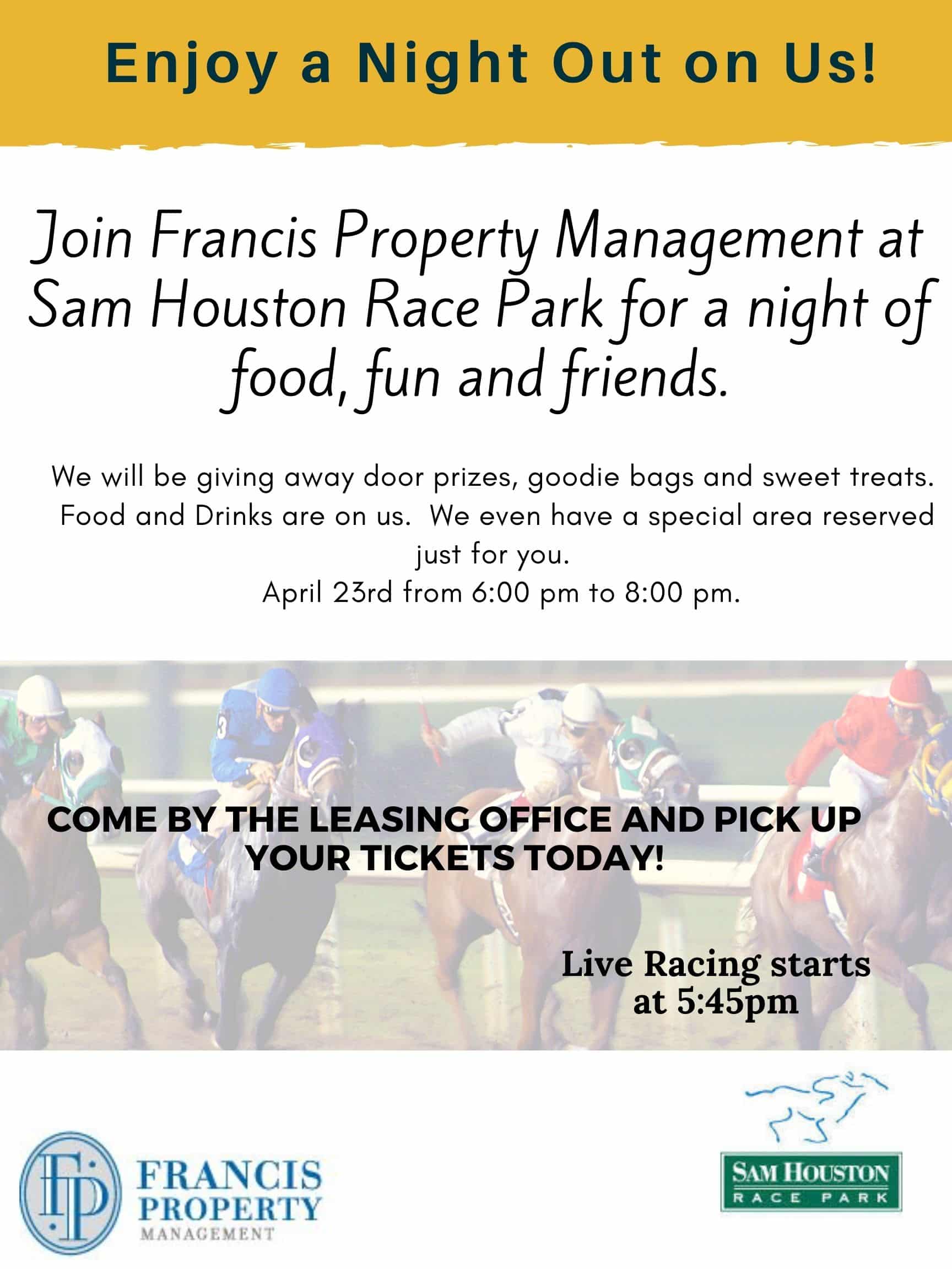 Apartments in Northwest Houston North A flyer for a thrilling night of racing at Sam Houston Race Track, featuring luxurious apartments for rent in NW Houston North.