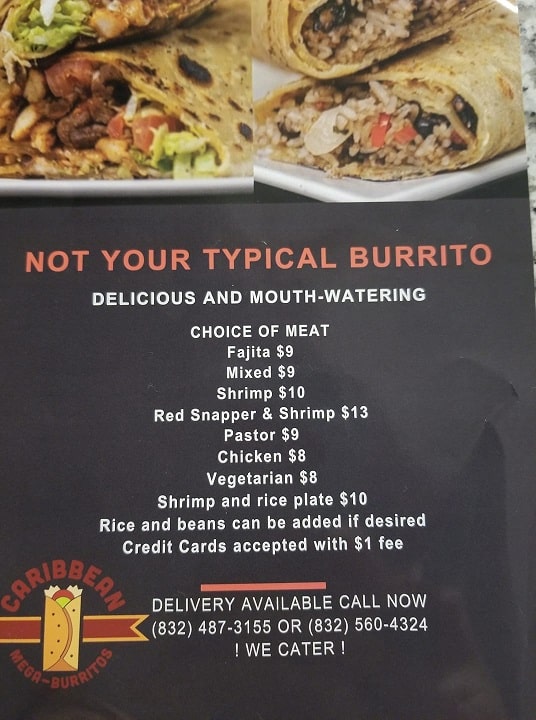 Apartments in Northwest Houston North A menu featuring a delicious burrito at a restaurant in NW Houston North.