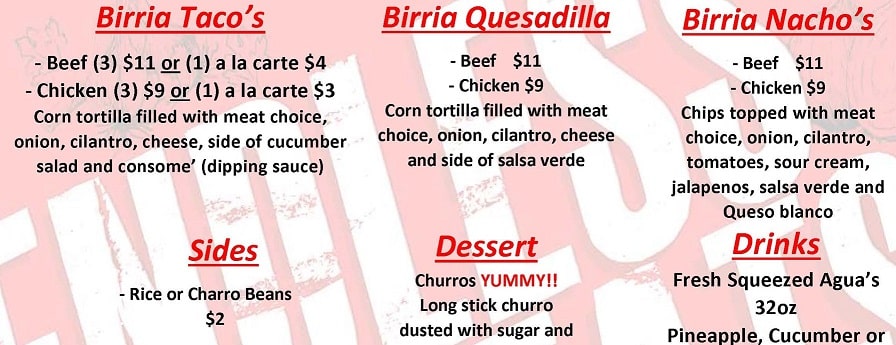 Apartments in Northwest Houston North A menu featuring a variety of delicious brillo tacos, available at our establishment located in Northwest Houston North.
