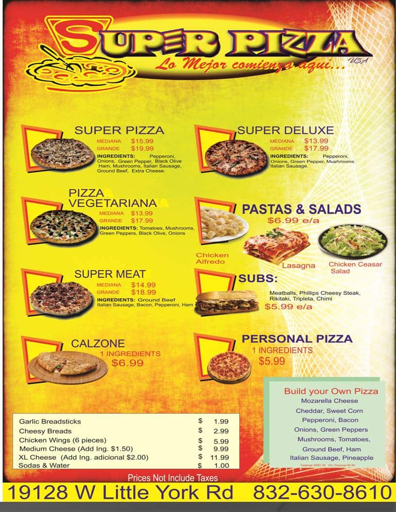 Apartments in Northwest Houston North A tantalizing pizza menu for a charming little York restaurant in Northwest Houston North.