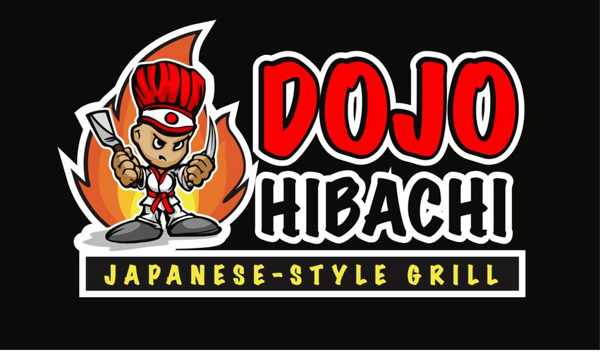 Apartments in Northwest Houston North Eldridge & West Road Logo of Dojo Hibachi, a Japanese-style grill, featuring a cartoon chef in martial arts attire holding a spatula, with vibrant flames in the background.